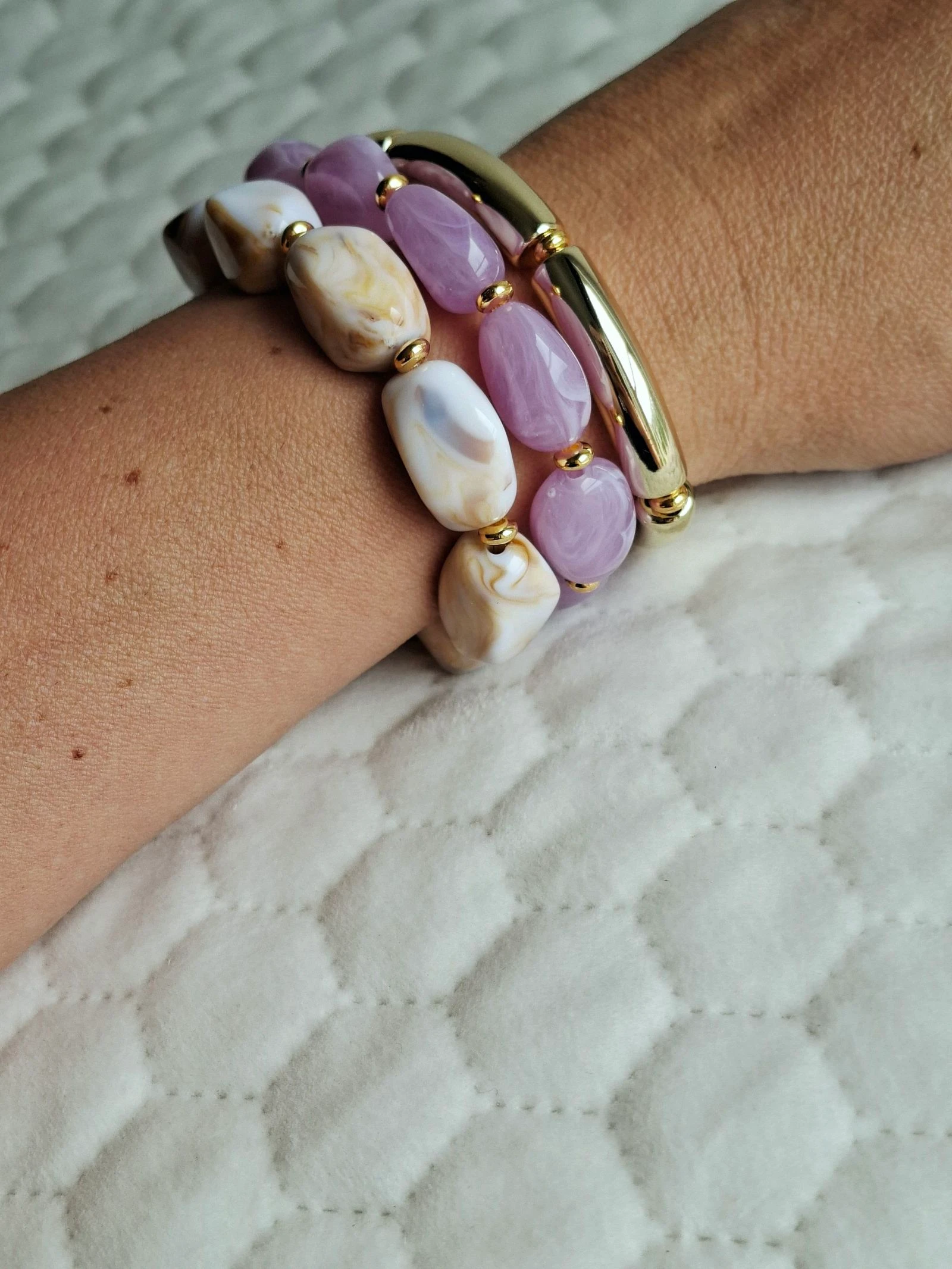 Bracelet set chunky beads purple gold beige cream – photo 3